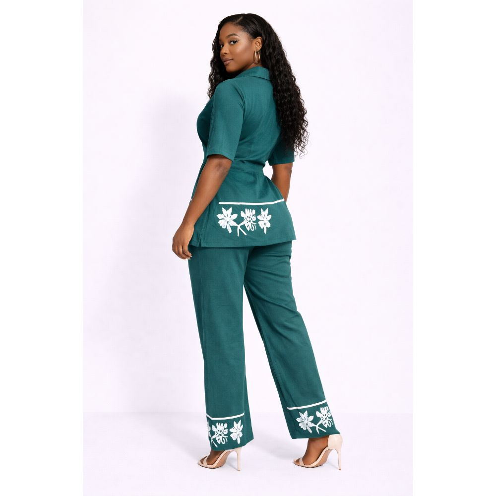 Teal TwoPiece ButtonUp Lounge Set with Floral Trim